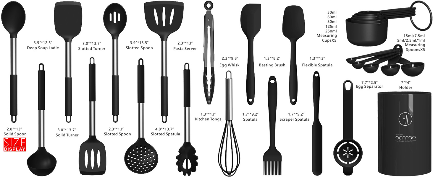 oannao Large Silicone Cooking Utensils Set - Heat Resistant Kitchen Utensils Sets,Spatula,Spoon,Turner Tongs,Whisk,Stainless Steel Cooking Utensil for Nonstick Cookware Dishwasher Safe (Black)