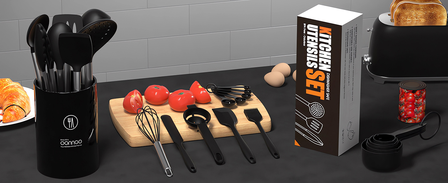 oannao Large Silicone Cooking Utensils Set - Heat Resistant Kitchen Utensils Sets,Spatula,Spoon,Turner Tongs,Whisk,Stainless Steel Cooking Utensil for Nonstick Cookware Dishwasher Safe (Black)