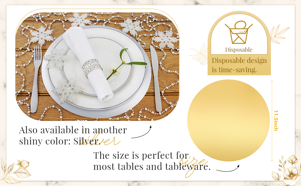 Tioncy 50 Pcs Gold Round Paper Placemats Decorative Disposable Placemats Table Mats for Dining Wedding Table Decoration Home Banquet New Years Festive Party Birthday Holiday