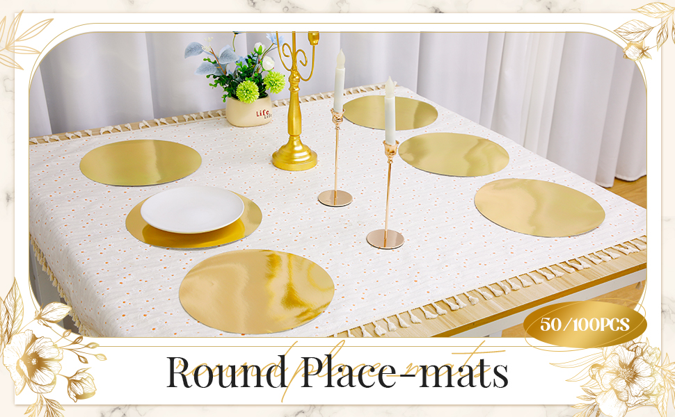 Tioncy 50 Pcs Gold Round Paper Placemats Decorative Disposable Placemats Table Mats for Dining Wedding Table Decoration Home Banquet New Years Festive Party Birthday Holiday