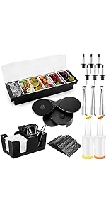 Mifoci Bartending Supplies 6 Compartments Garnish Tray with Lid Bar Caddy 3 Tier Glass Rimmer Stainless Steel Bottle Pourers Juice Pouring Cocktail Tools Plastic Serving Accessories