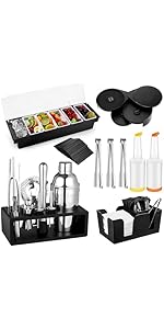 Mifoci Bartending Supplies 6 Compartments Garnish Tray with Lid Bar Caddy 3 Tier Glass Rimmer Stainless Steel Bottle Pourers Juice Pouring Cocktail Tools Plastic Serving Accessories