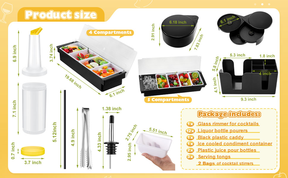 Mifoci Bartending Supplies 6 Compartments Garnish Tray with Lid Bar Caddy 3 Tier Glass Rimmer Stainless Steel Bottle Pourers Juice Pouring Cocktail Tools Plastic Serving Accessories