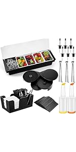 Mifoci Bartending Supplies 6 Compartments Garnish Tray with Lid Bar Caddy 3 Tier Glass Rimmer Stainless Steel Bottle Pourers Juice Pouring Cocktail Tools Plastic Serving Accessories