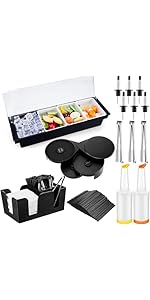 Mifoci Bartending Supplies 6 Compartments Garnish Tray with Lid Bar Caddy 3 Tier Glass Rimmer Stainless Steel Bottle Pourers Juice Pouring Cocktail Tools Plastic Serving Accessories