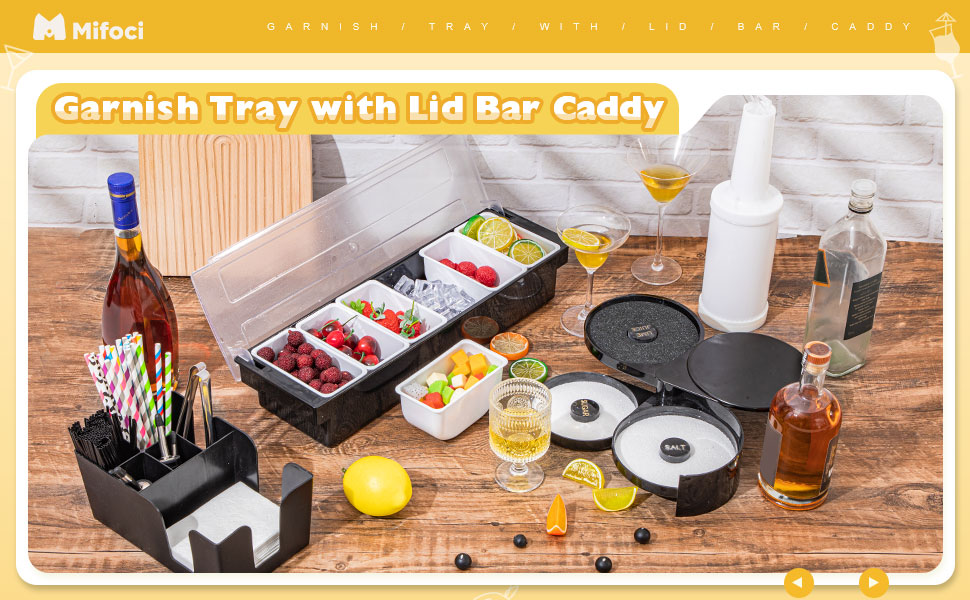Mifoci Bartending Supplies 6 Compartments Garnish Tray with Lid Bar Caddy 3 Tier Glass Rimmer Stainless Steel Bottle Pourers Juice Pouring Cocktail Tools Plastic Serving Accessories