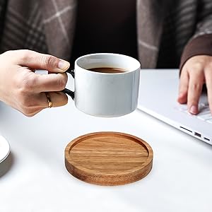 6 Pcs Best Wooden Coasters with Holder Coffee Table Decor Acacia Wood Coaster Set Modern Cup Coaster for Drink Home Dining Table Kitchen Accessories Cute Beer Bar Decorative Rustic Outdoor Coasters