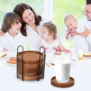 6 Pcs Best Wooden Coasters with Holder Coffee Table Decor Acacia Wood Coaster Set Modern Cup Coaster for Drink Home Dining Table Kitchen Accessories Cute Beer Bar Decorative Rustic Outdoor Coasters
