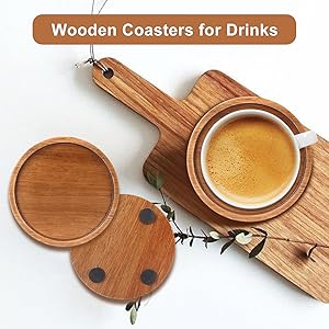 6 Pcs Best Wooden Coasters with Holder Coffee Table Decor Acacia Wood Coaster Set Modern Cup Coaster for Drink Home Dining Table Kitchen Accessories Cute Beer Bar Decorative Rustic Outdoor Coasters