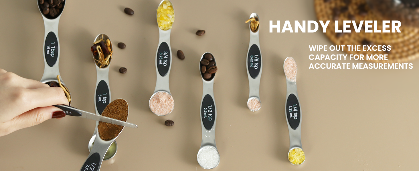 Pack of 8 Stainless Steel Magnetic Measuring Spoons Set, Dual Sided, Stackable, Adjustable Teaspoon and Tablespoon Measure Spoon with Leveler, Kitchen Gadgets