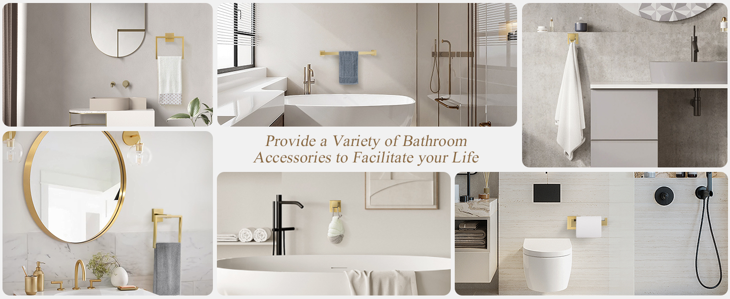 TQKAG 6-Piece Bathroom Towel Bar Sets Brushed Gold 23.6 inch Towel Bar Stainless Steel Towel Ring Coat Hook and Toilet Paper Holder Bathroom Hardware Set Wall Mounted Bathroom Accessories Kit