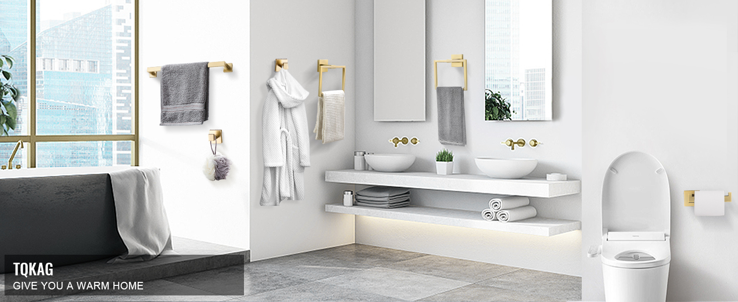 TQKAG 6-Piece Bathroom Towel Bar Sets Brushed Gold 23.6 inch Towel Bar Stainless Steel Towel Ring Coat Hook and Toilet Paper Holder Bathroom Hardware Set Wall Mounted Bathroom Accessories Kit