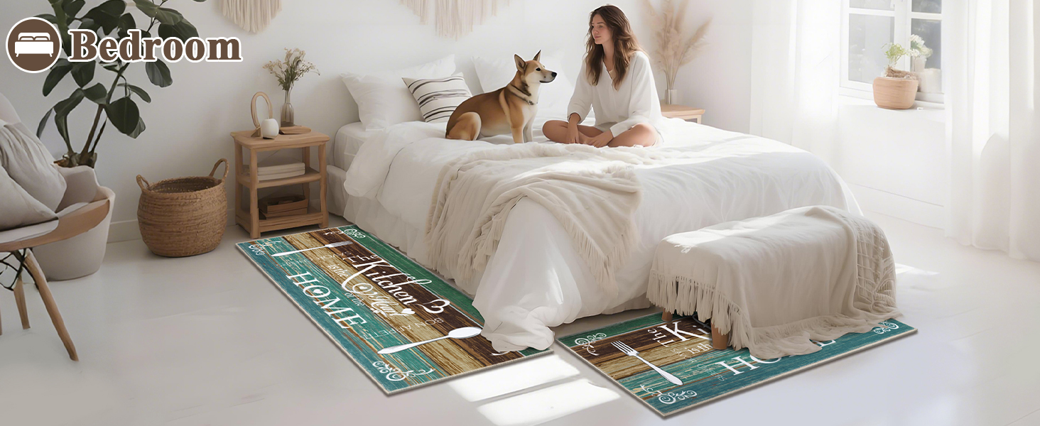 Vaukki Boho Kitchen Rug Sets 3 Pieces, Washable Kitchen Mats for Floor, Non Slip Soft Kitchen Area Rug Floor Mat for Kitchen, Laundry Room and Hallway (Teal, 20''x32''+20''x47''+20''x59'')