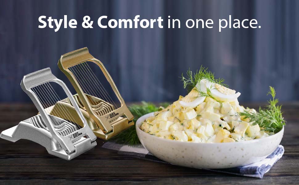 Zoe's Kitchen Good Grip Egg Slicer for Hard Boiled Eggs Heavy Duty Professional Large Aluminum Egg Slicer with Stainless Steel Wires Kitchen Aid Egg, Strawberry Slicer Hard Boiled Egg Cutter (Golden)