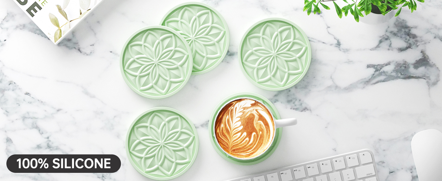 HFHOME Silicone Coasters Set with Holder - 6 Pack Drink Coasters for Coffee Table, Bar, Desk - Tabletop Protection Gift - Black