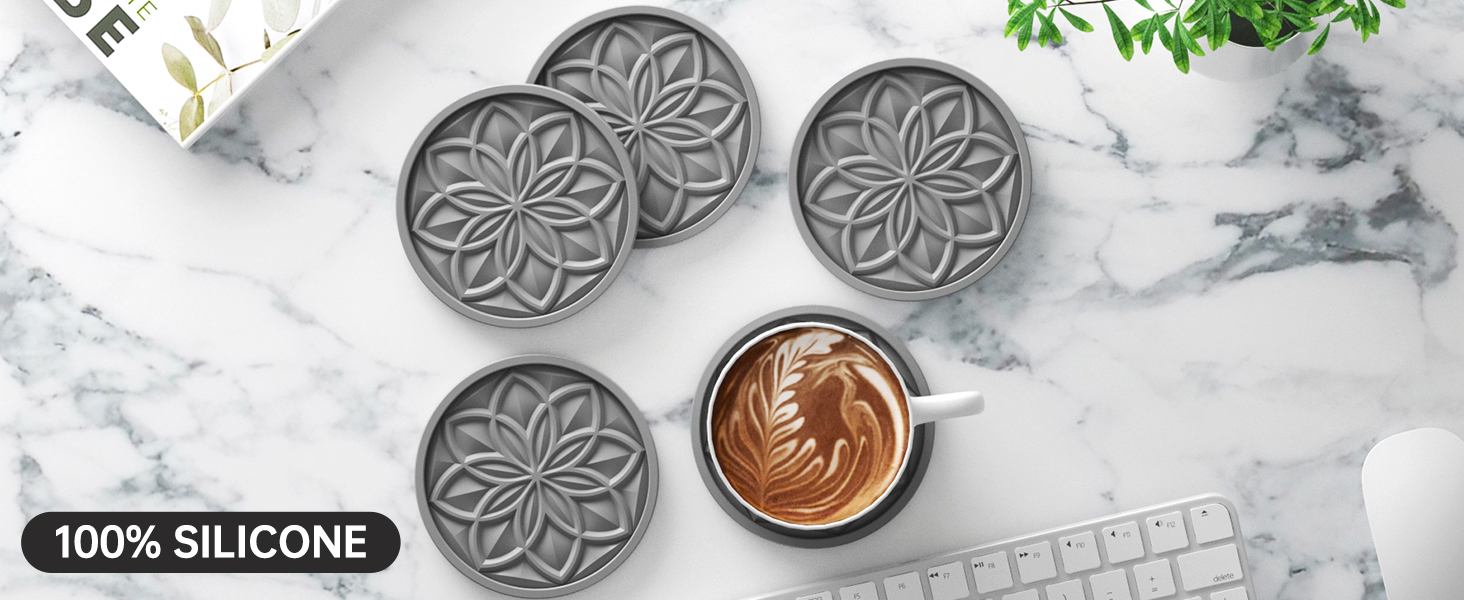 HFHOME Silicone Coasters Set with Holder - 6 Pack Drink Coasters for Coffee Table, Bar, Desk - Tabletop Protection Gift - Black