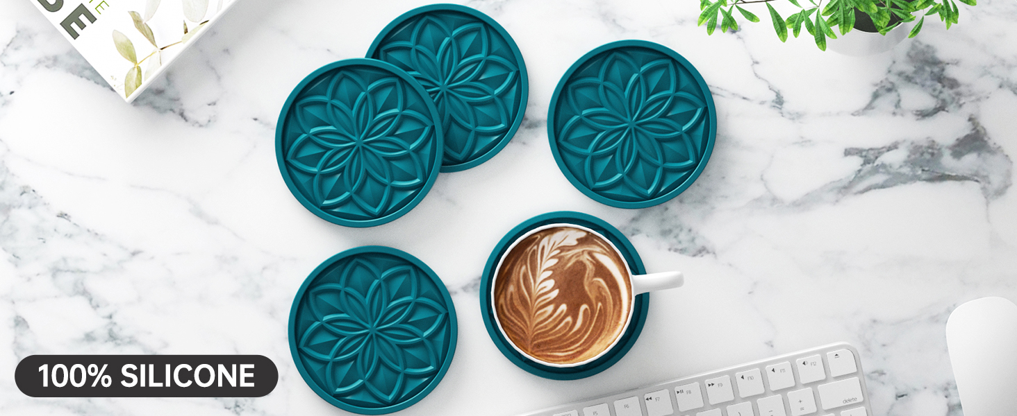 HFHOME Silicone Coasters Set with Holder - 6 Pack Drink Coasters for Coffee Table, Bar, Desk - Tabletop Protection Gift - Black