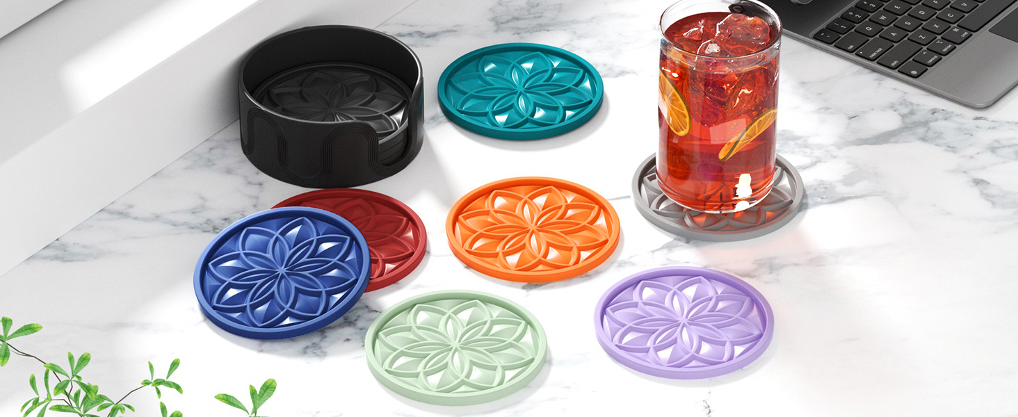 HFHOME Silicone Coasters Set with Holder - 6 Pack Drink Coasters for Coffee Table, Bar, Desk - Tabletop Protection Gift - Black