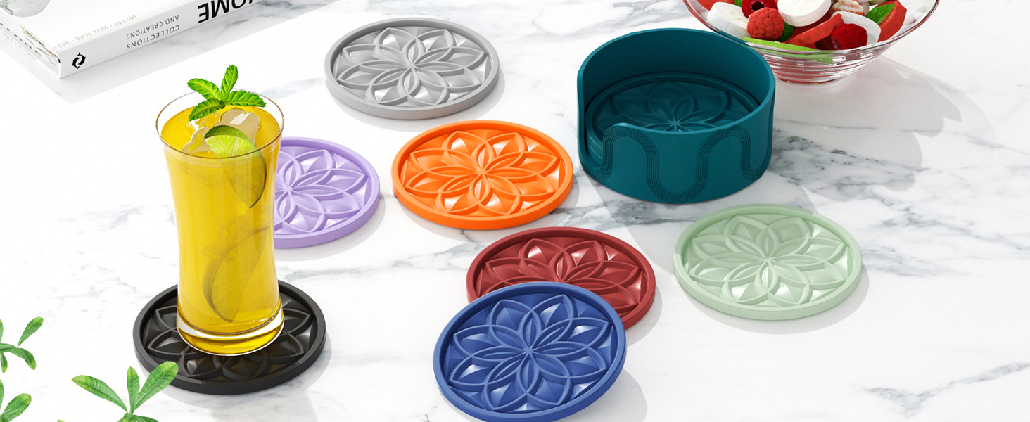 HFHOME Silicone Coasters Set with Holder - 6 Pack Drink Coasters for Coffee Table, Bar, Desk - Tabletop Protection Gift - Black