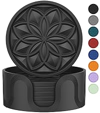 HFHOME Silicone Coasters Set with Holder - 6 Pack Drink Coasters for Coffee Table, Bar, Desk - Tabletop Protection Gift - Black