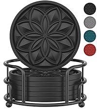 HFHOME Silicone Coasters Set with Holder - 6 Pack Drink Coasters for Coffee Table, Bar, Desk - Tabletop Protection Gift - Black