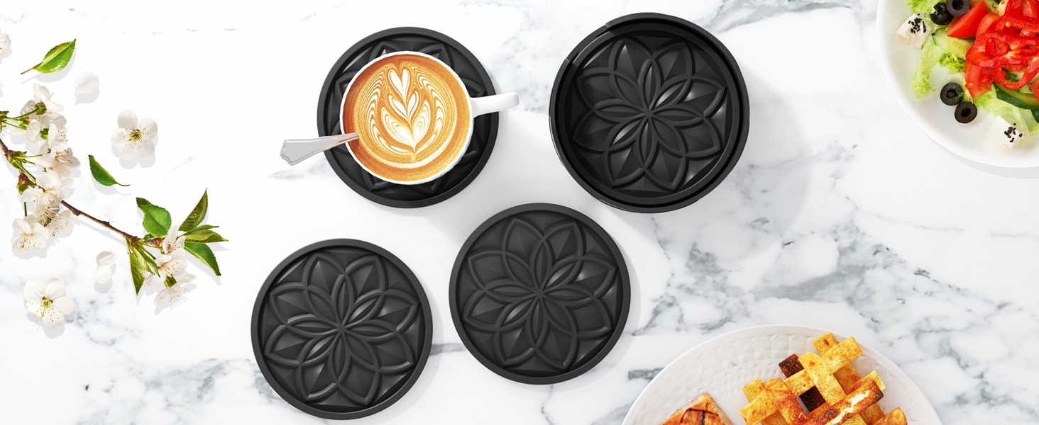 HFHOME Silicone Coasters Set with Holder - 6 Pack Drink Coasters for Coffee Table, Bar, Desk - Tabletop Protection Gift - Black