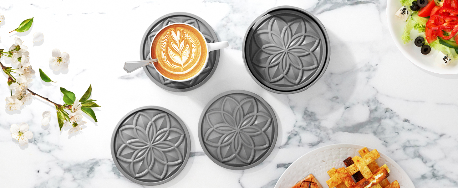 HFHOME Silicone Coasters Set with Holder - 6 Pack Drink Coasters for Coffee Table, Bar, Desk - Tabletop Protection Gift - Black