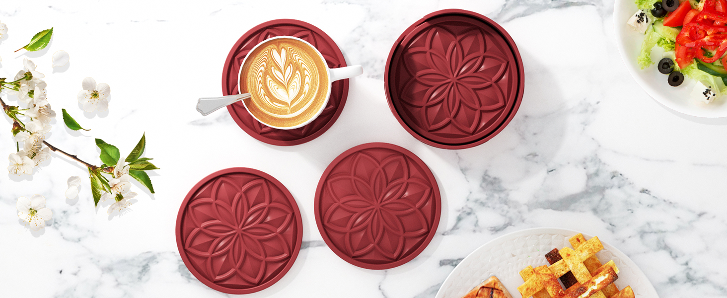 HFHOME Silicone Coasters Set with Holder - 6 Pack Drink Coasters for Coffee Table, Bar, Desk - Tabletop Protection Gift - Black