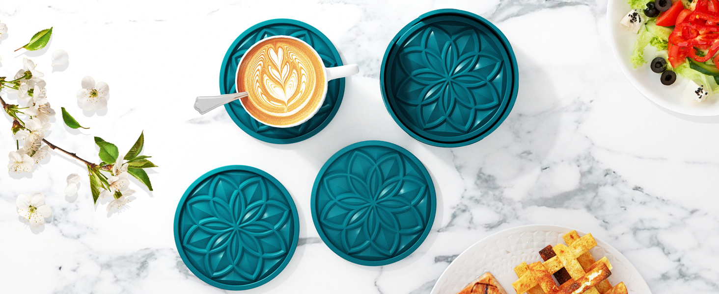 HFHOME Silicone Coasters Set with Holder - 6 Pack Drink Coasters for Coffee Table, Bar, Desk - Tabletop Protection Gift - Black