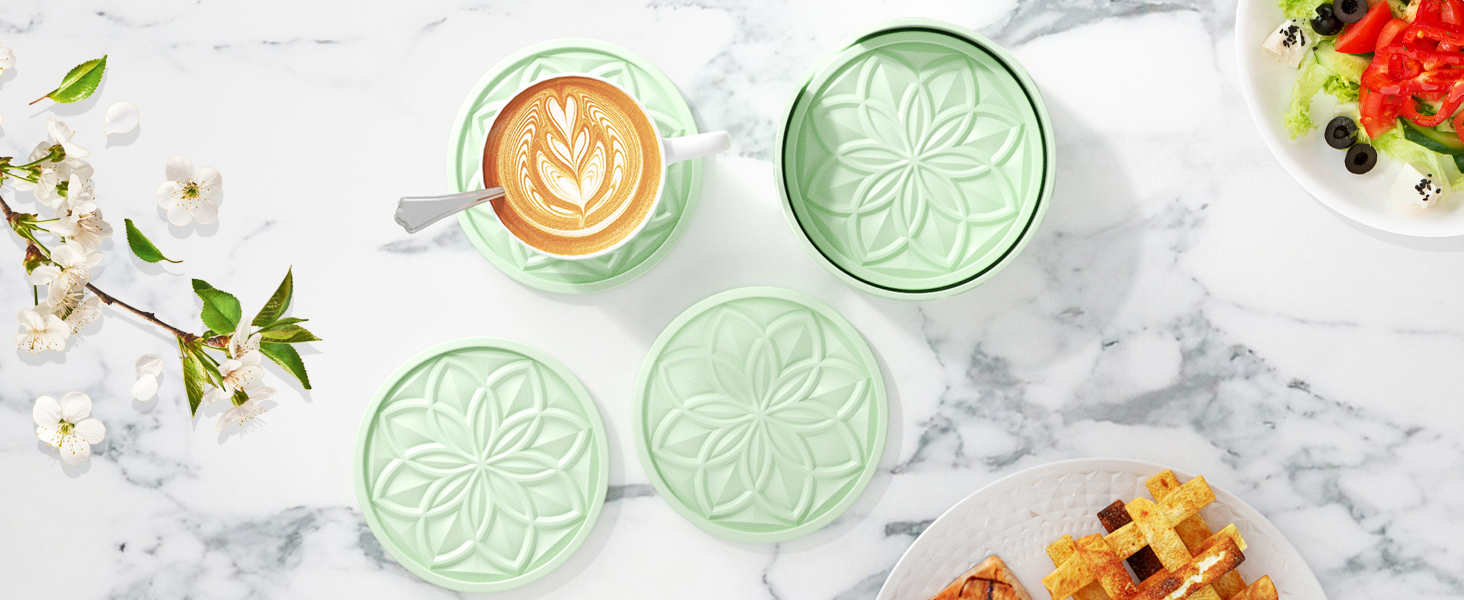 HFHOME Silicone Coasters Set with Holder - 6 Pack Drink Coasters for Coffee Table, Bar, Desk - Tabletop Protection Gift - Black