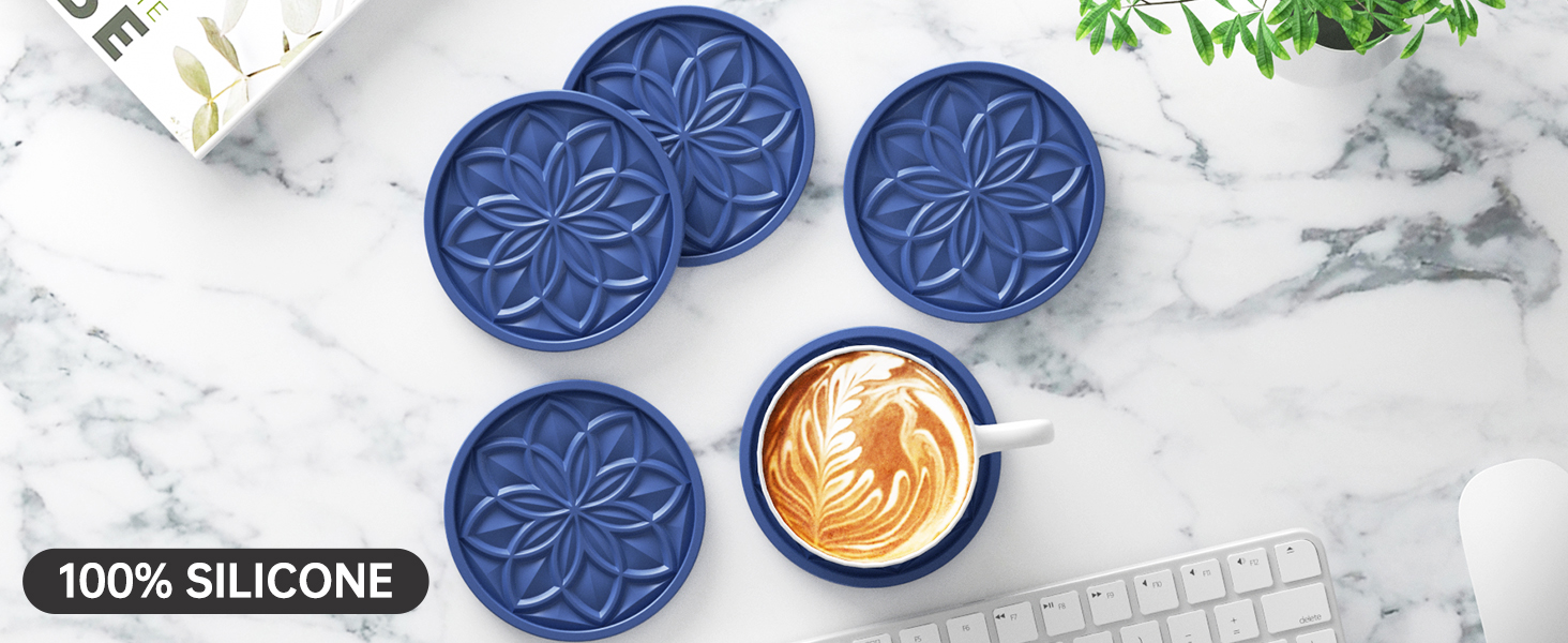 HFHOME Silicone Coasters Set with Holder - 6 Pack Drink Coasters for Coffee Table, Bar, Desk - Tabletop Protection Gift - Black