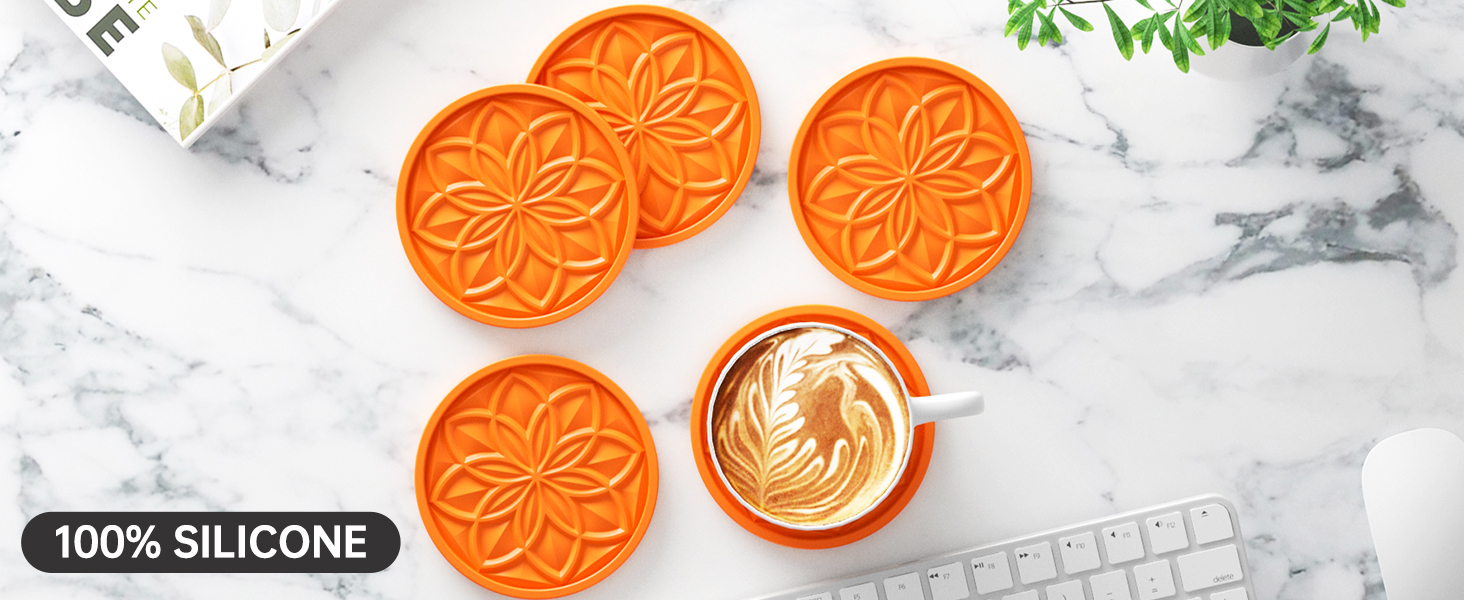 HFHOME Silicone Coasters Set with Holder - 6 Pack Drink Coasters for Coffee Table, Bar, Desk - Tabletop Protection Gift - Black