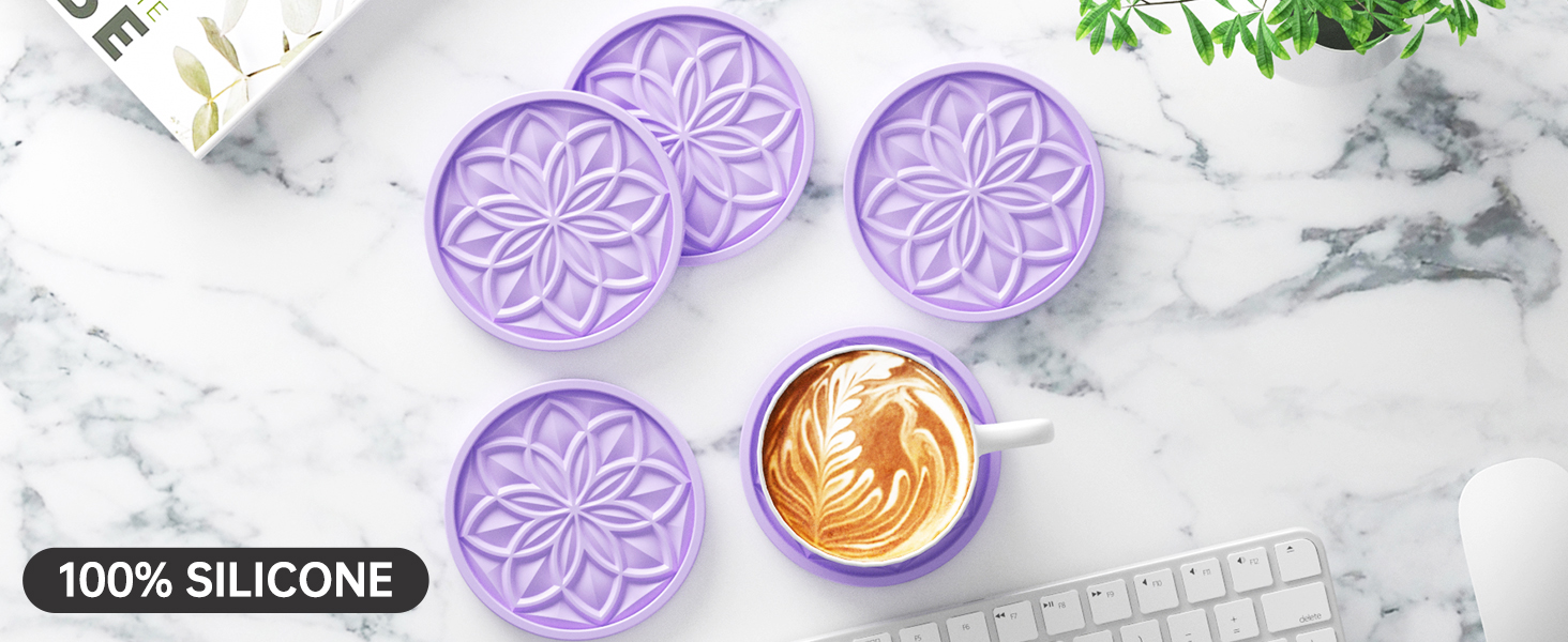 HFHOME Silicone Coasters Set with Holder - 6 Pack Drink Coasters for Coffee Table, Bar, Desk - Tabletop Protection Gift - Black