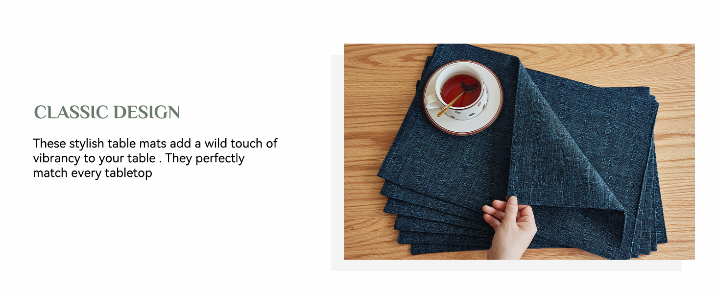 Softalker Faux Linen Placemats Set of 4-12 x 18 Inch, Heat Resistant Double Layered Durable Burlap Farmhouse Place Mats, Non-Slip Washable Rustic Table Mats for Dining, Kitchen, Party（Navy Blue