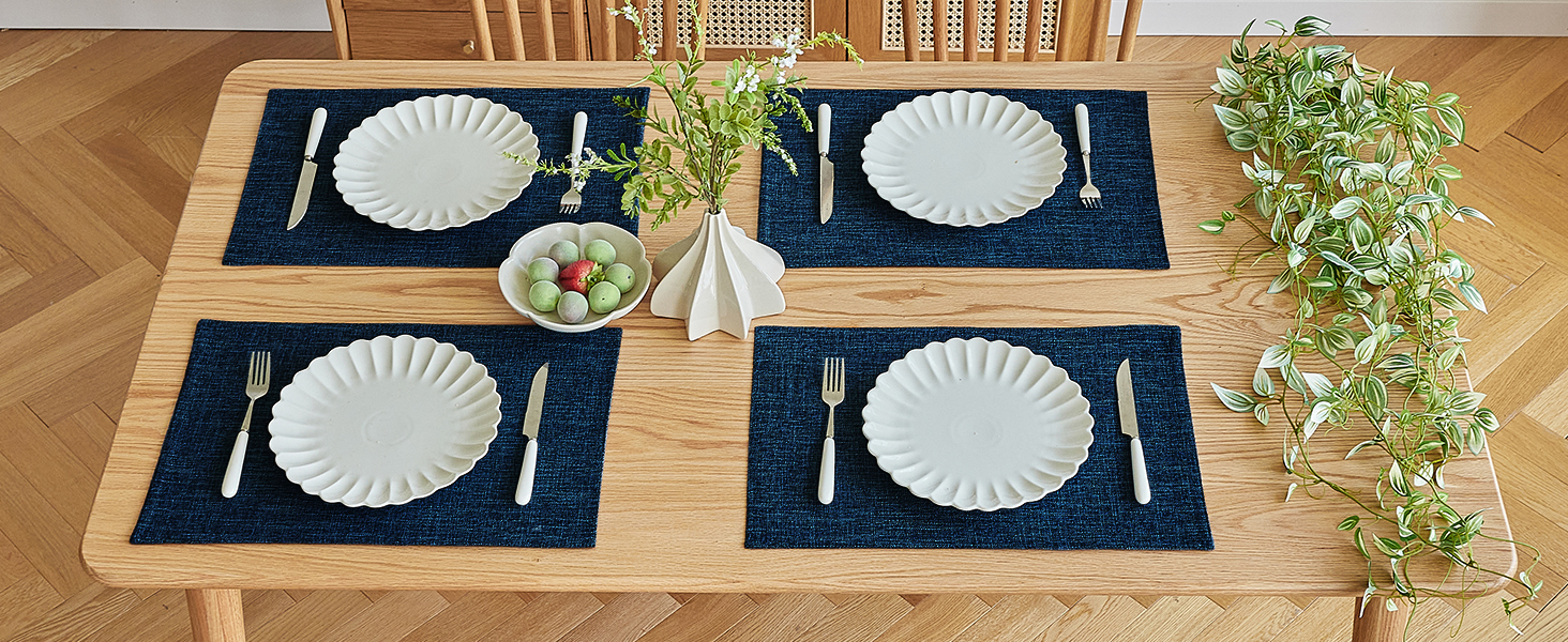 Softalker Faux Linen Placemats Set of 4-12 x 18 Inch, Heat Resistant Double Layered Durable Burlap Farmhouse Place Mats, Non-Slip Washable Rustic Table Mats for Dining, Kitchen, Party（Navy Blue