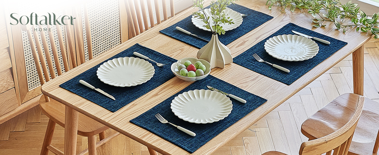 Softalker Faux Linen Placemats Set of 4-12 x 18 Inch, Heat Resistant Double Layered Durable Burlap Farmhouse Place Mats, Non-Slip Washable Rustic Table Mats for Dining, Kitchen, Party（Navy Blue