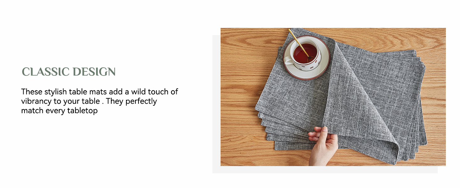 Softalker Faux Linen Placemats Set of 6-12 x 18 Inch, Heat Resistant Double Layered Durable Burlap Farmhouse Place Mats, Non-Slip Washable Rustic Table Mats for Dining, Kitchen, Party（Light Grey