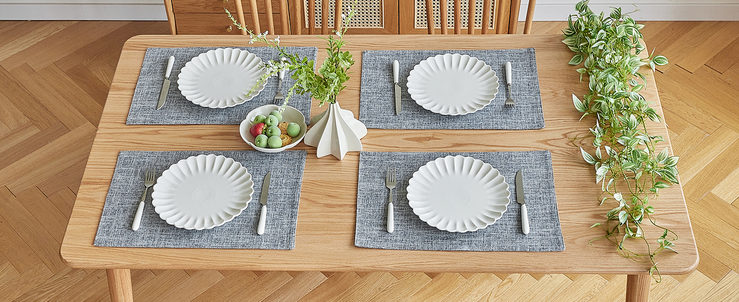 Softalker Faux Linen Placemats Set of 6-12 x 18 Inch, Heat Resistant Double Layered Durable Burlap Farmhouse Place Mats, Non-Slip Washable Rustic Table Mats for Dining, Kitchen, Party（Light Grey