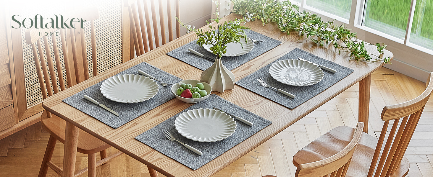 Softalker Faux Linen Placemats Set of 6-12 x 18 Inch, Heat Resistant Double Layered Durable Burlap Farmhouse Place Mats, Non-Slip Washable Rustic Table Mats for Dining, Kitchen, Party（Light Grey
