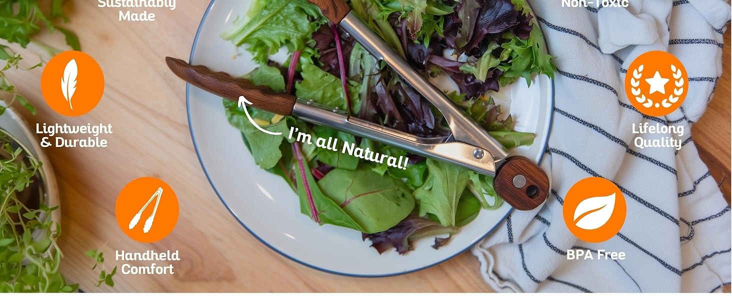 Boxiki Kitchen Wooden Tongs for Cooking - Nonstick Kitchen Salad Tongs for Serving Food, Grilling, Cooking, BBQ and Tossing Salad - Made of Natural Walnut Wood, Size 12-inch
