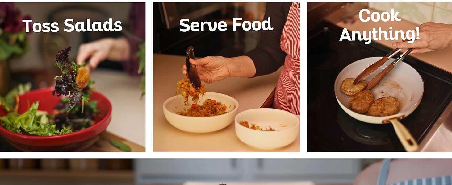 Boxiki Kitchen Wooden Tongs for Cooking - Nonstick Kitchen Salad Tongs for Serving Food, Grilling, Cooking, BBQ and Tossing Salad - Made of Natural Walnut Wood, Size 12-inch