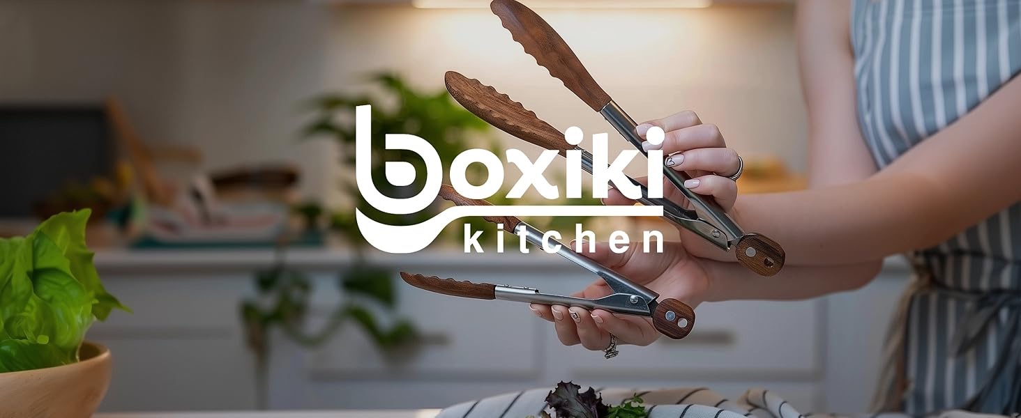 Boxiki Kitchen Wooden Tongs for Cooking - Nonstick Kitchen Salad Tongs for Serving Food, Grilling, Cooking, BBQ and Tossing Salad - Made of Natural Walnut Wood, Size 12-inch