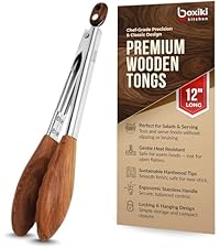 Boxiki Kitchen Wooden Tongs for Cooking - Nonstick Kitchen Salad Tongs for Serving Food, Grilling, Cooking, BBQ and Tossing Salad - Made of Natural Walnut Wood, Size 12-inch
