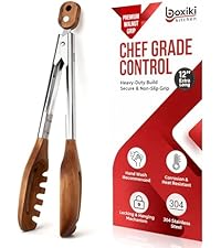 Boxiki Kitchen Wooden Tongs for Cooking - Nonstick Kitchen Salad Tongs for Serving Food, Grilling, Cooking, BBQ and Tossing Salad - Made of Natural Walnut Wood, Size 12-inch