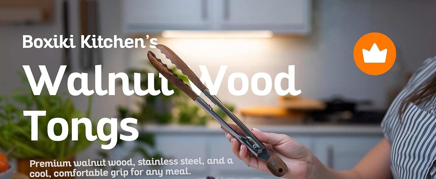Boxiki Kitchen Wooden Tongs for Cooking - Nonstick Kitchen Salad Tongs for Serving Food, Grilling, Cooking, BBQ and Tossing Salad - Made of Natural Walnut Wood, Size 12-inch