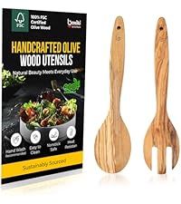 Premium Olive Wood Salad Tongs for Serving, 12 Inch Serving Tongs with 304 Stainless Steel Handle for Salad, Bread, BBQ, Pickles, Toaster & Kitchen Use