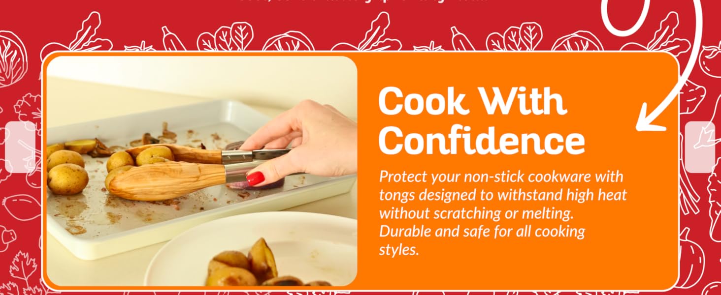 Premium Olive Wood Salad Tongs for Serving, 12 Inch Serving Tongs with 304 Stainless Steel Handle for Salad, Bread, BBQ, Pickles, Toaster & Kitchen Use