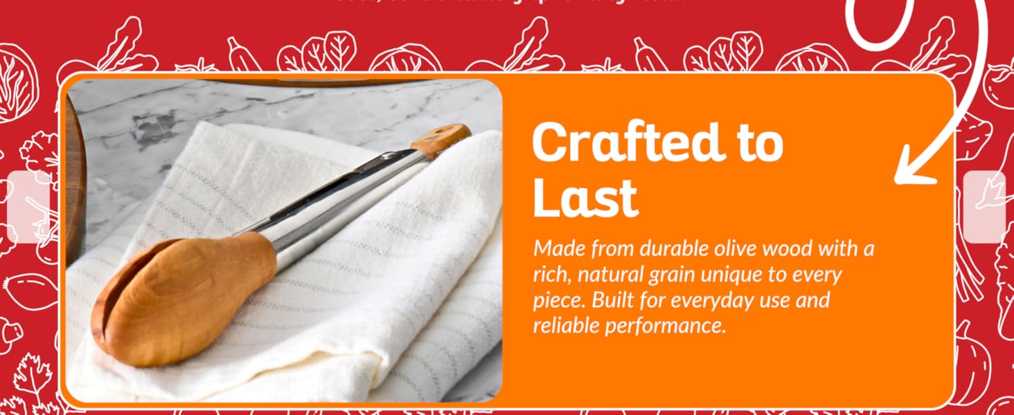 Premium Olive Wood Salad Tongs for Serving, 12 Inch Serving Tongs with 304 Stainless Steel Handle for Salad, Bread, BBQ, Pickles, Toaster & Kitchen Use