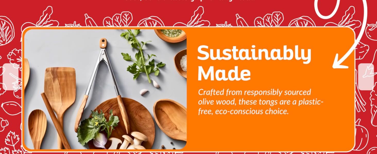 Premium Olive Wood Salad Tongs for Serving, 12 Inch Serving Tongs with 304 Stainless Steel Handle for Salad, Bread, BBQ, Pickles, Toaster & Kitchen Use