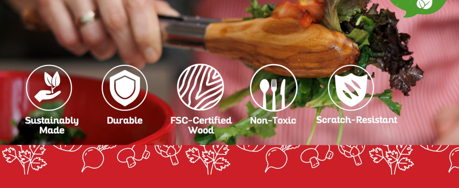 Premium Olive Wood Salad Tongs for Serving, 12 Inch Serving Tongs with 304 Stainless Steel Handle for Salad, Bread, BBQ, Pickles, Toaster & Kitchen Use